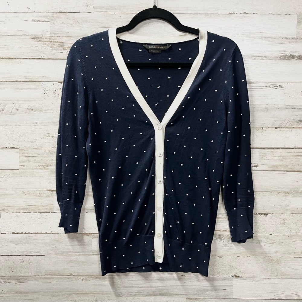 BCBGMaxAzria Silk Navy and White Polka Dot V-Neck Cardigan